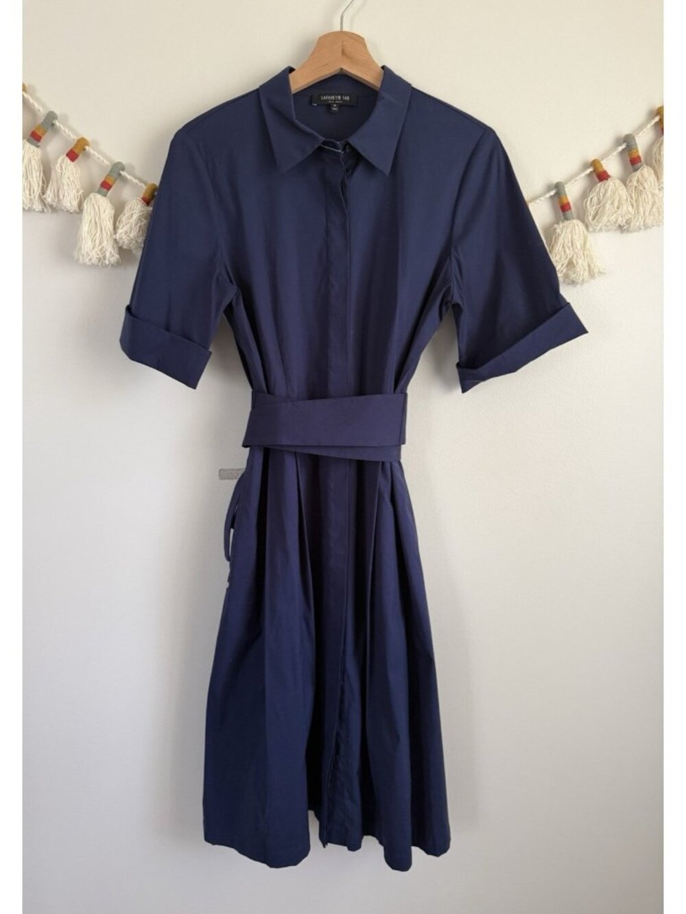 La Fayette 148 Cotton Blend Pleated Button Down Midi Shirt Dress Navy Modest M